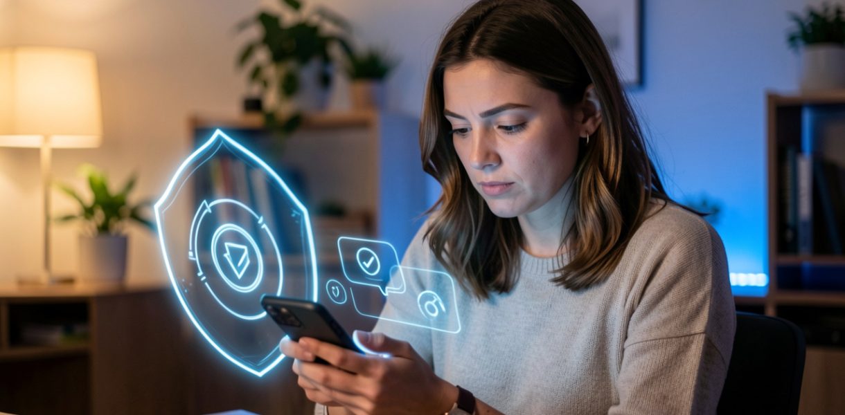 Une femme examine prudemment son smartphone dans un intérieur chaleureux, accompagnée d’un symbole lumineux de protection numérique évoquant la sécurité en ligne.