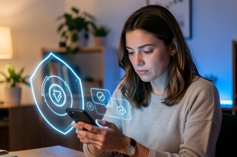 Une femme examine prudemment son smartphone dans un intérieur chaleureux, accompagnée d’un symbole lumineux de protection numérique évoquant la sécurité en ligne.