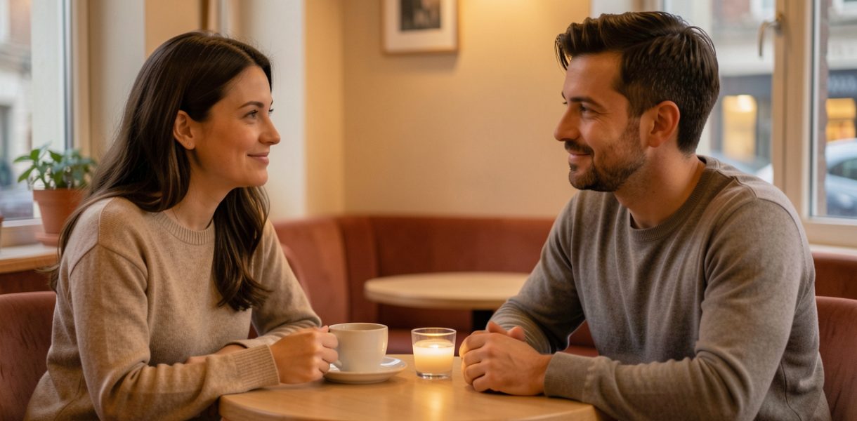 Une femme et un homme discutent calmement autour d’un café dans une ambiance chaleureuse et respectueuse.