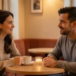 Une femme et un homme discutent calmement autour d’un café dans une ambiance chaleureuse et respectueuse.