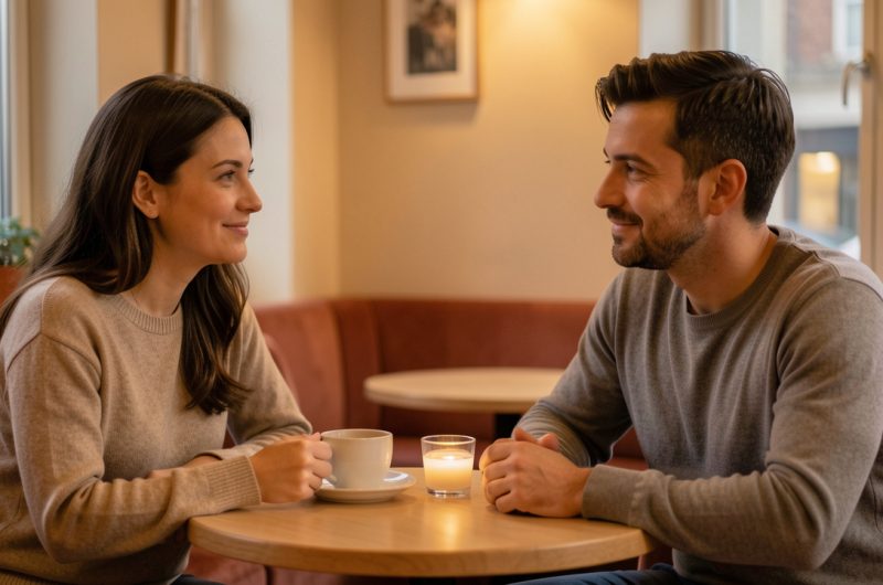 Une femme et un homme discutent calmement autour d’un café dans une ambiance chaleureuse et respectueuse.