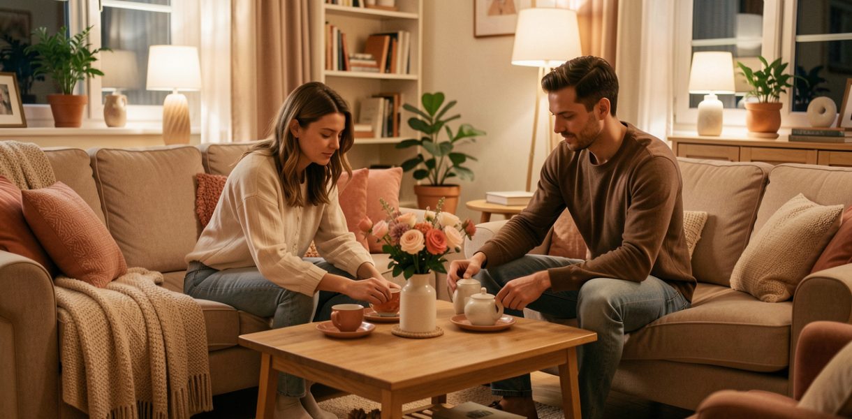 Une femme et un homme préparent ensemble un salon chaleureux pour un premier rendez-vous, avec du thé, des fleurs et des sièges confortables.
