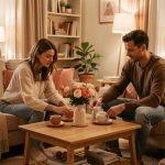 Une femme et un homme préparent ensemble un salon chaleureux pour un premier rendez-vous, avec du thé, des fleurs et des sièges confortables.