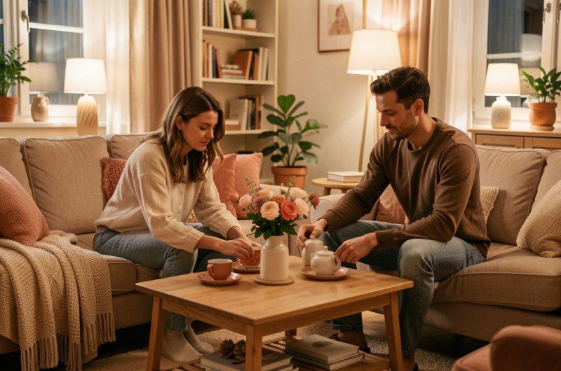 Une femme et un homme préparent ensemble un salon chaleureux pour un premier rendez-vous, avec du thé, des fleurs et des sièges confortables.