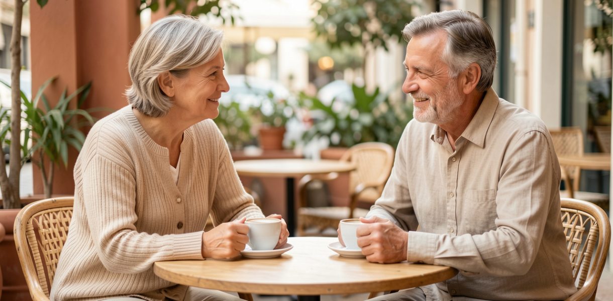 Un homme et une femme d’âge mûr discutent calmement autour d’un café dans une terrasse lumineuse, dans une atmosphère légère et respectueuse.