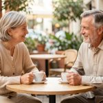 Un homme et une femme d’âge mûr discutent calmement autour d’un café dans une terrasse lumineuse, dans une atmosphère légère et respectueuse.