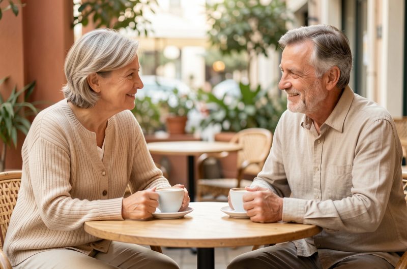Un homme et une femme d’âge mûr discutent calmement autour d’un café dans une terrasse lumineuse, dans une atmosphère légère et respectueuse.