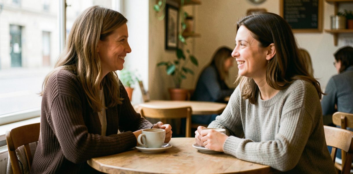 Deux femmes adultes se rencontrent dans un café accueillant de Guéret et discutent chaleureusement autour d’un café.