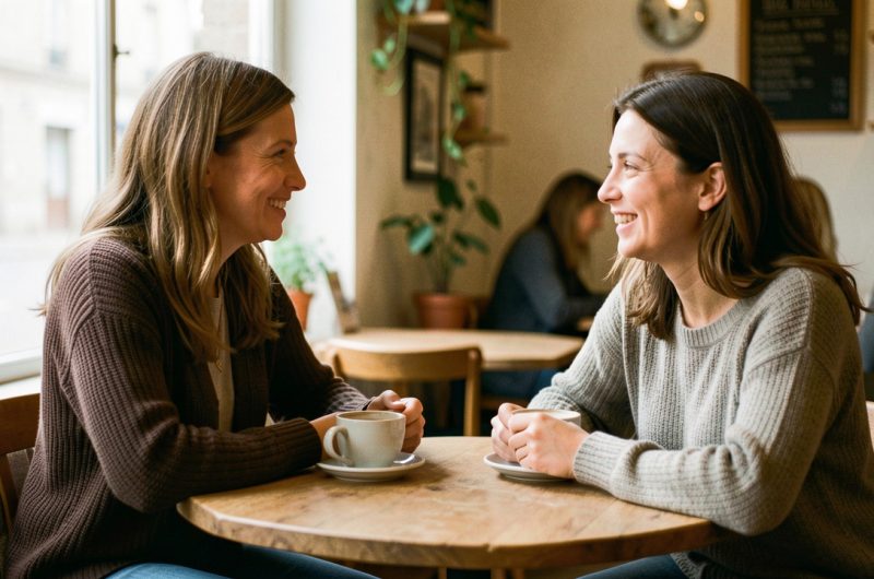 Deux femmes adultes se rencontrent dans un café accueillant de Guéret et discutent chaleureusement autour d’un café.